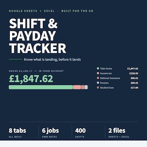 May include: A digital Shift & Payday Tracker for Google Sheets and Excel, designed for the UK. The interface displays a net pay of £1,847.62, a progress bar, and a breakdown of income tax, national insurance, pension, and student loan deductions.