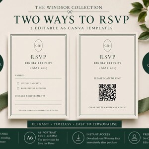May include: Two A6 portrait RSVP card templates from The Windsor Collection featuring a cream background with dark green text. One card includes traditional response lines, while the other features a QR code for digital scanning. Both cards measure 105mm by 148mm.