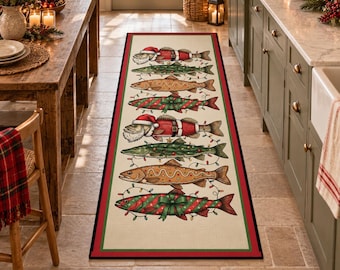 Christmas Kitchen Runner Rug, Vintage Santa Fish Rug, Funny Christmas Fish Decor, Rustic Farmhouse Holiday Kitchen Mat, Festive Floor Runner