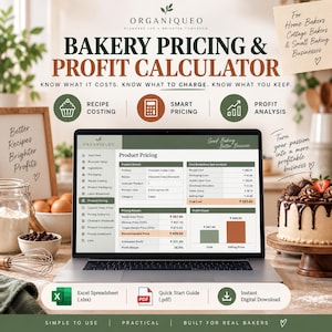 Puede incluir: Un portátil que muestra una hoja de cálculo Bakery Pricing & Profit Calculator. La pantalla presenta detalles del producto, desglose de costes y resultados de precios para un pastel. Incluye archivo Excel, guía PDF y descarga digital.