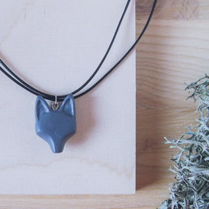 Medium size Dark Grey Wolf Necklace with Black Cotton Cord. Made in Finland. For Men, Women, Kids. Polymer Clay. MADE TO ORDER