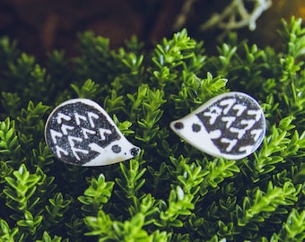 Cute hedgehog stud earrings in black and white. Made in Finland. MADE TO ORDER
