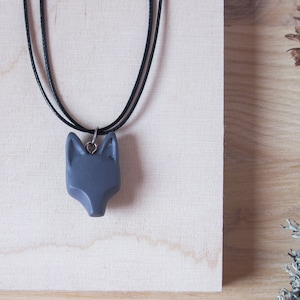 Small size Dark Grey Wolf Necklace with Brown Hemp Cord. Made in Finland. For Men, Women, Kids. Polymer Clay. MADE TO ORDER