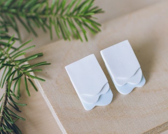 White Rectangular Minimalist Stud Earrings with Wavy Snow Drift Ice Melting Shape. Made in Finland. MADE TO ORDER