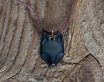 Small Black Wolf Necklace with Brown Hemp Cord. Made in Finland. For Men, Women, Kids. Polymer Clay. MADE TO ORDER