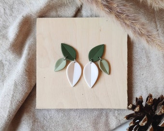 Leaf Earrings in Basil Green, White and Sage Green. Push back studs in stainless steel. Autumn inspired fall earrings. MADE TO ORDER