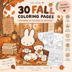 Pode incluir: Uma coleção digital de 30 páginas para colorir de outono com um coelho e um pequeno personagem com um gato em um cenário de outono. A imagem inclui texto como 30 FALL COLORING PAGES, COZY MOMENTS, CUTE FRIENDS, BIG FEELINGS e Tishi Studio.