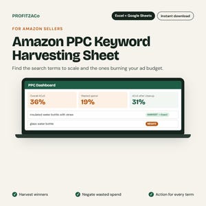 Puede incluir: Una hoja de cálculo digital Amazon PPC Keyword Harvesting para Excel y Google Sheets. La interfaz muestra un panel con métricas que incluyen Overall ACoS 36%, Wasted spend 19% y ACoS after cleanup 31%, con opciones para cosechar o negar términos.