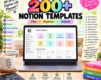 200+ Notion Templates Bundle | Life Planner, Finance Tracker, Student And Business Planner | Journal, Calendar & Productivity Templates