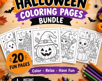 Páginas para colorear de Halloween en PDF, paquete de 20 páginas para colorear, actividades imprimibles de Halloween, libro para colorear espeluznante, descarga digital instantánea.