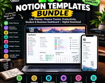 Notion Templates Bundle | 200+ Ultimate Life Planner, Finance Tracker, Student And Business Dashboard | Productivity & Digital Templates