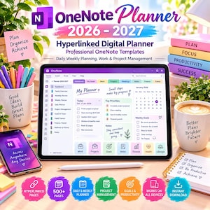 May include: A digital OneNote planner 2026-2027 displayed on a tablet screen, featuring hyperlinked pages for daily, weekly, and project management. The interface includes sections for goals, finance, and notes, with a stylus placed in front and colorful icons below.