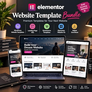 Könnte beinhalten: Eine digitale Produktwerbung für ein Elementor Website-Template-Paket mit Laptop, Tablet und Smartphone, die Webdesigns anzeigen. Der Text enthält "Elementor Website Template Bundle", "Build Stunning Websites" und verschiedene Symbole.