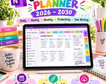 OneNote Planner 2026–2030 | 5 Year Hyperlinked Planner | Daily Weekly Monthly Planner, Productivity, Work & Life Organizer, Digital Download