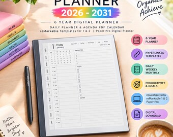 reMarkable 2 Digital Planner 2026-2031 | 6 Year Daily Planner | Hyperlinked PDF Calendar | reMarkable 1 & 2 Templates