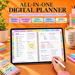 May include: A digital planner displayed on a tablet screen featuring a daily schedule, to-do lists, and goal tracking sections. The interface includes tabs for index, daily, weekly, monthly, finance, productivity, wellness, and notes, with a rainbow theme.