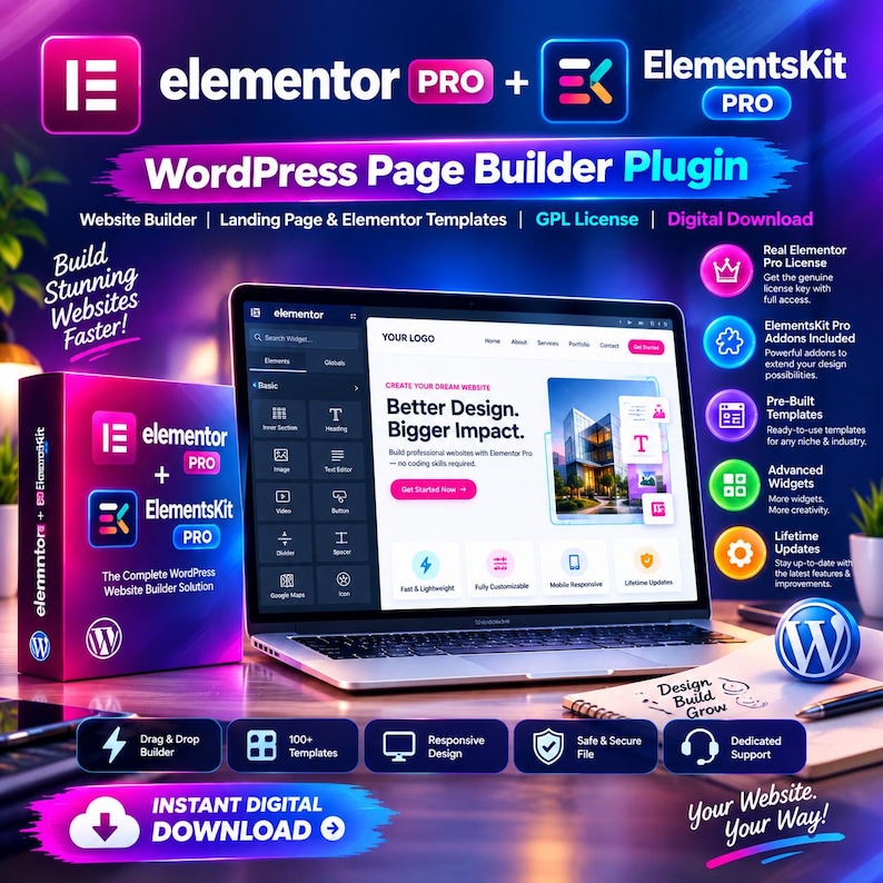 Elementor Pro + ElementsKit Pro | WordPress Page Builder | Website Builder, Landing Pages & Templates | Digital Download