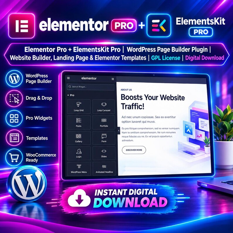 Elementor Pro + ElementsKit Pro | WordPress Page Builder | Website Builder, Landing Pages & Templates | Digital Download
