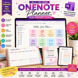 Pode incluir: Um modelo de planejador OneNote tudo-em-um exibido na tela de um laptop, um planejador semanal físico com espiral e um tablet digital mostrando um rastreador de hábitos. A interface apresenta ícones coloridos para metas e finanças.