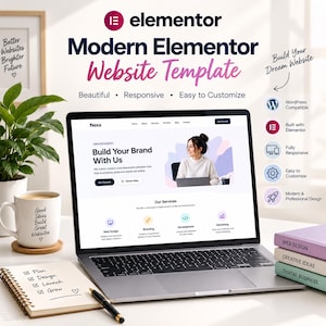 Może przedstawiać: Laptop wyświetlający szablon strony internetowej zatytułowany Modern Elementor Website Template z tekstem obejmującym Build Your Dream Website, WordPress Compatible i Built with Elementor. W pobliżu znajduje się notatnik, kubek i książki.