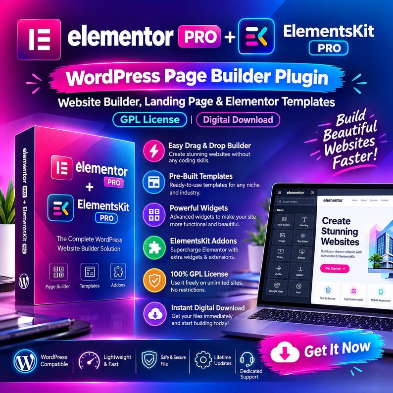May include: A digital product display for Elementor Pro and ElementsKit Pro WordPress page builder plugin. The graphic features a software box, a laptop showing the interface, and text highlighting features like drag and drop, templates, and widgets.