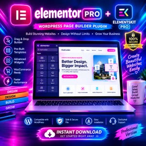 May include: A laptop displaying the Elementor Pro WordPress page builder interface with neon blue and purple lighting. The screen shows website design tools, text, and icons. A mug with the text Good Ideas Build Great Websites sits nearby.