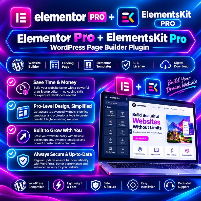 Elementor Pro + ElementsKit Pro | WordPress Page Builder | Website Builder, Landing Pages & Templates | Digital Download