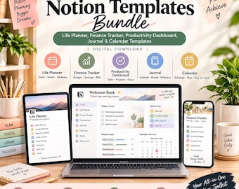 200+ Notion Templates Bundle | Life Planner, Finance Tracker, Productivity Dashboard, Journal & Calendar Templates | Digital Download