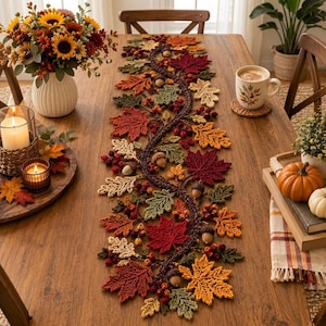 Autumn Leaf Table Runner Crochet Pattern, Fall Botanical Dining Decor PDF, Woodland Leaf Garland