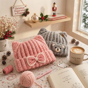 Puede incluir: Un gorro de ganchillo rosa con orejas de gato y un lazo blanco, y un gorro de ganchillo gris con orejas de gato y un parche de cara de oso. El gorro rosa presenta una textura acanalada y un lazo central con pequeñas cuentas blancas.