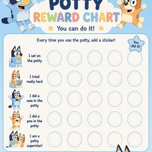 May include: A Bluey themed potty reward chart on a light blue background featuring Bluey and Bingo characters. The chart includes rows for tracking potty progress with circular spaces for stickers and text reading Bluey Potty Reward Chart.