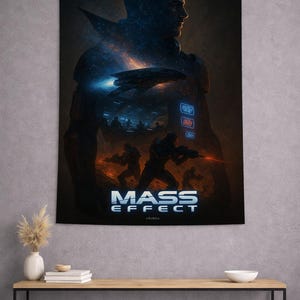 May include: A rectangular wall tapestry featuring a dark, cinematic Mass Effect graphic. The artwork displays a large silhouette of a character filled with a space scene, a spaceship, and soldiers in combat. The text MASS EFFECT appears in white.