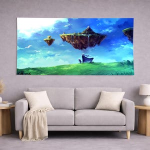 May include: A rectangular wall art print featuring a fantasy landscape with floating islands above a green grassy field under a bright blue sky. The scene depicts a small figure standing on the grass looking up at the large, rocky floating landmasses.