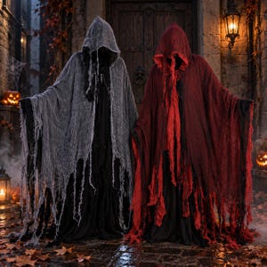 May include: Two full-length hooded cloaks, one in distressed grey and one in distressed deep red, both featuring tattered, frayed edges and layered fabric textures. The cloaks are draped over dark, solid-colored garments, creating a layered appearance.