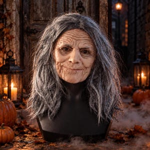 May include: A realistic full-head mask depicting an elderly person with deeply wrinkled skin, a subtle smile, and long, straight, gray-streaked hair. The mask is mounted on a black display stand, showcasing detailed facial features and texture.