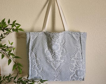 Upcycled Textured Towel Tote Bag, Light Blue, Inside Pocket, Flower Lining
