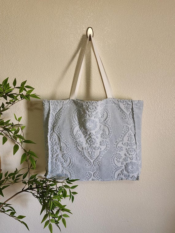 Upcycled Textured Towel Tote Bag, Light Blue, Inside Pocket, Flower Lining