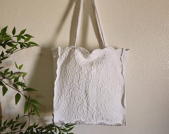 Up-Cycled White Textured Tote Bag, Floral Lining, Inside Pocket, Key Chain Clasp