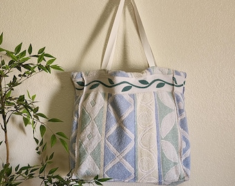 Up-Cycled Terry Cloth Tote – Lined, Pocket, Key Chain Clasp (Light Blue, Green, Yellow)