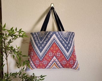 Up-Cycled Quilted Chevron Tote Bag, Blue Red Geometric, Inside Pocket (23"W x 17"H)