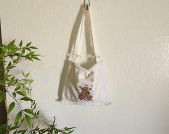 Up-Cycled Vintage Teddy bear towel tote, lined with key chain clasp- slouch bag