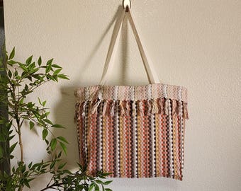 Up-Cycled towel tote bag-Fringe tote bag, lined with inside pocket and key chain clasp