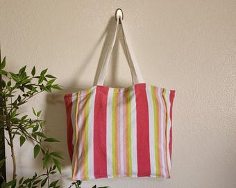 Up-Cycled towel tote-Pink striped towel tote, lined with inside pocket and key chain clasp