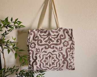 Up-Cycled Towel Tote, Cream Brown Pattern, Lined Pocket, Key Chain Clasp