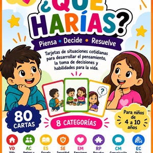 Może przedstawiać: Kolorowe pudełko z edukacyjną grą karcianą zatytułowaną ¿QUÉ HARÍAS?, z ilustracjami dwojga dzieci, ikoną żarówki i 80 kartami w 8 kategoriach. Tekst zawiera Pequeñas situaciones grandes aprendizajes oraz Piensa antes de actuar.