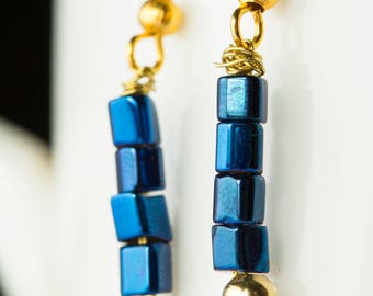 Iridescent Dark Blue & Gold Drop Earrings