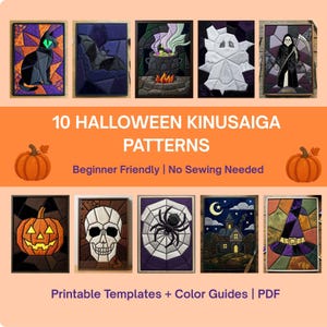 May include: A digital collection of 10 Halloween Kinusaiga patterns featuring a black cat, bat, cauldron, ghost, grim reaper, jack-o'-lantern, skull, spider web, haunted house, and witch hat. The text reads 10 HALLOWEEN KINUSAIGA PATTERNS.
