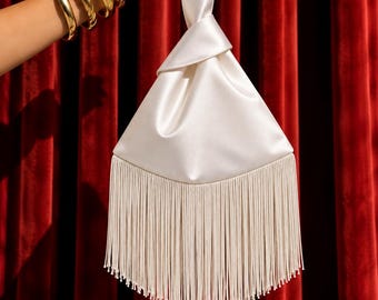 Japanese Knot Bag, Satin Fringe Clutch, Handmade Tassel Evening Bag, Wristlet Purse