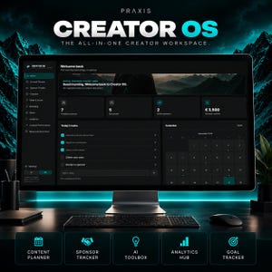Può includere: Un monitor per computer che mostra la dashboard di Creator OS con un'interfaccia scura, dotata di navigazione laterale, elenco attività e calendario. Lo schermo mostra il testo Praxis, Creator OS e The All-In-One Creator Workspace.
