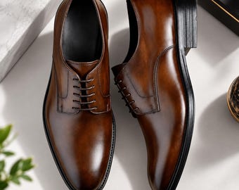 Men's Dark Brown Leather Derby Shoes, Classic Lace Up Dress Shoes, Formal Business & Wedding Footwear